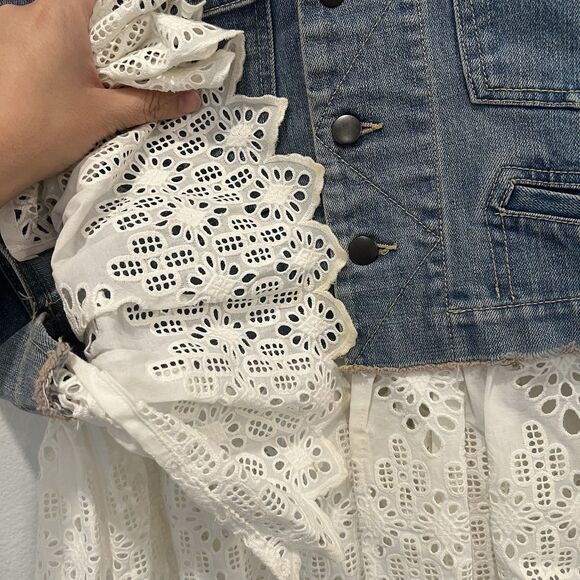 Sea New York Eyelet Trim Lace Up Combo Denim Jacket Size Xs STAINED! - Picture 3 of 9
